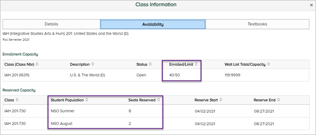 Class information availability tab with enrollment limits section highlighted