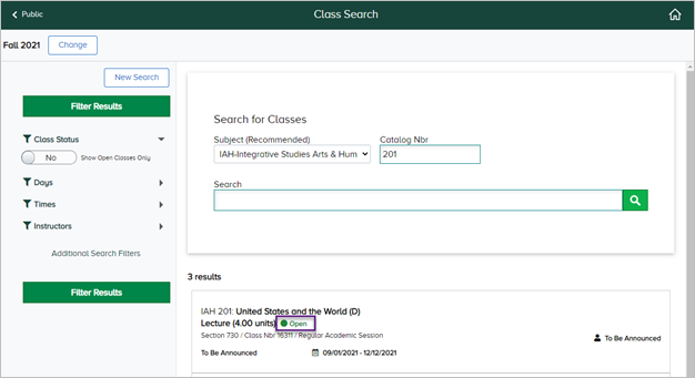 Image of Class Search page with open status for IAH 201 highlighted