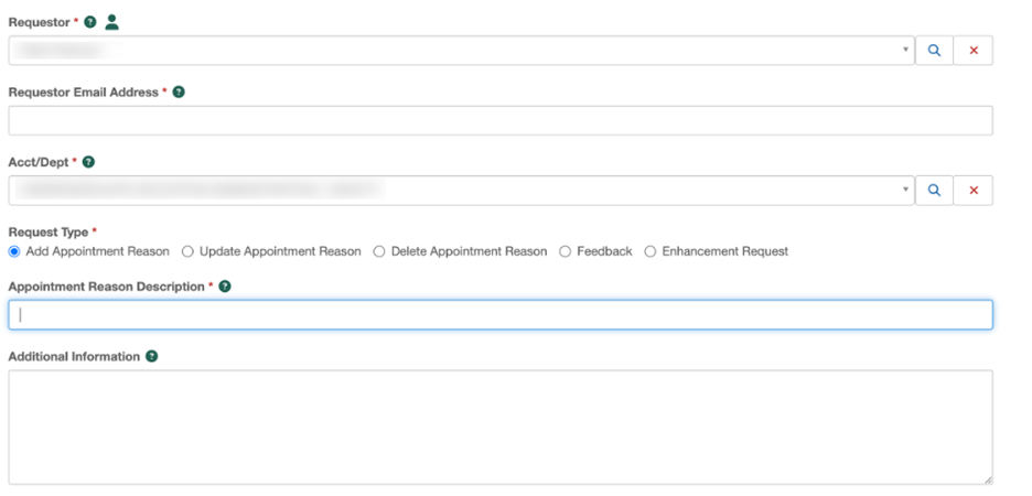 Screenshot of the TDX request ticket for appointment reasons